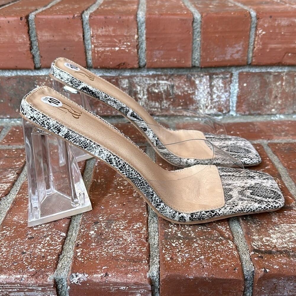 New York & Company Heather Clear Strap Snakeskin Block Heel Mules Women’s 10